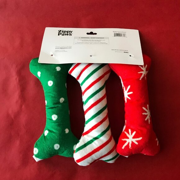 Zippy Paws 3-Pack Holiday FESTIVE BONES Squeaky Plush Dog Toy 7 in New - Picture 4 of 4